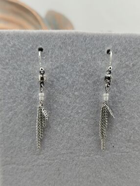 Silver Tone Chain & Leaf Drop Earrings - Silver